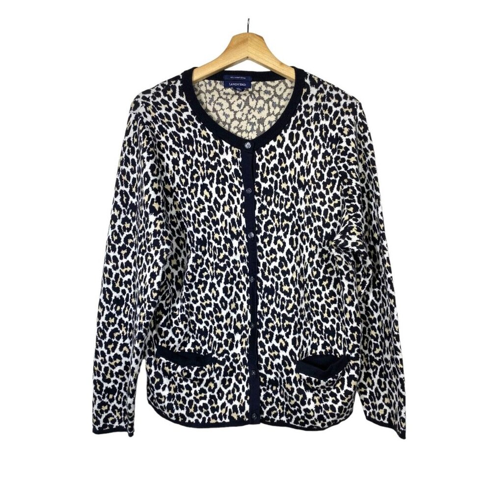 Lands End Sweater‎ Women XL Knit Cardigan Animal Print Supima Cotton Leopard